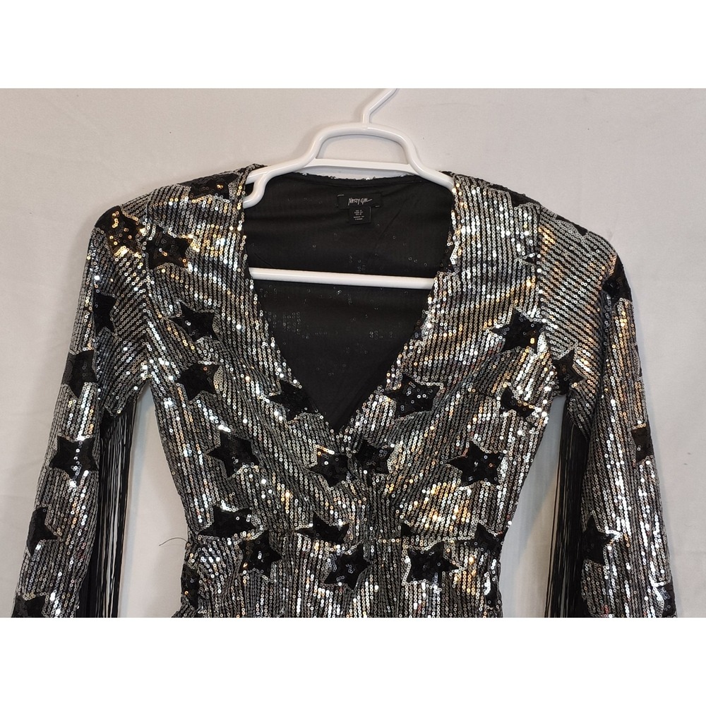 Nasty Gal V-neck Star Sequined Fringe body con long Sleeve Mini Dress Size 0 - Picture 7 of 9